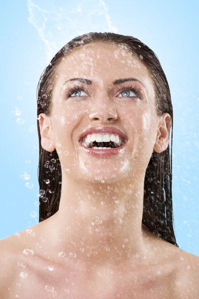 Fresh Portrait Young Woman Her Face Wet Looking Laughing — 스톡 사진