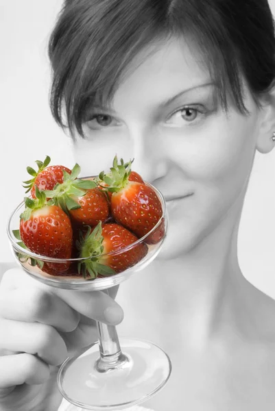 Portrait Young Brunette Strawberry Glass — Stock Photo, Image