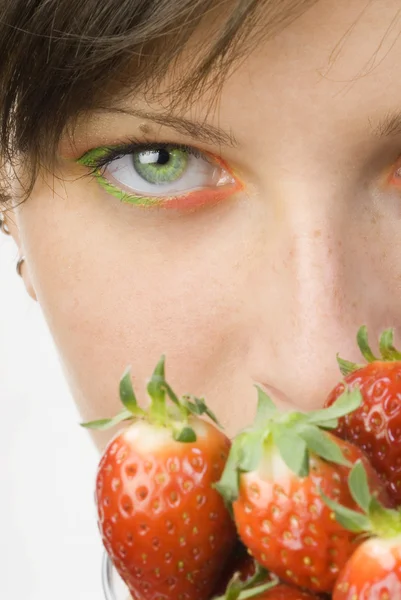 Portrait Young Cute Brunette Big Strawberry Painted Her Face Colored — Stock Fotó