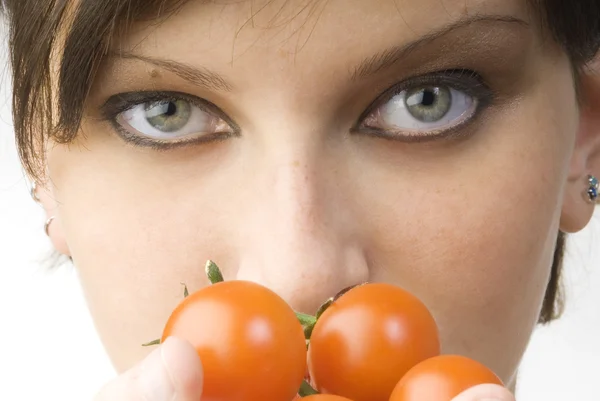 Flot Portræt Pige Med Tomater Smukke Attraktive Retfærdige Øjne - Stock-foto