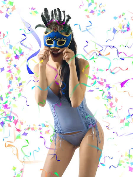 Mooie Brunette Met Hemelsblauwe Lingerie Een Blauwe Carnaval Masker — Stockfoto