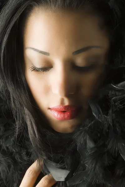 Portrait Young Cute Brunette Black Feather Face — Stock Photo, Image