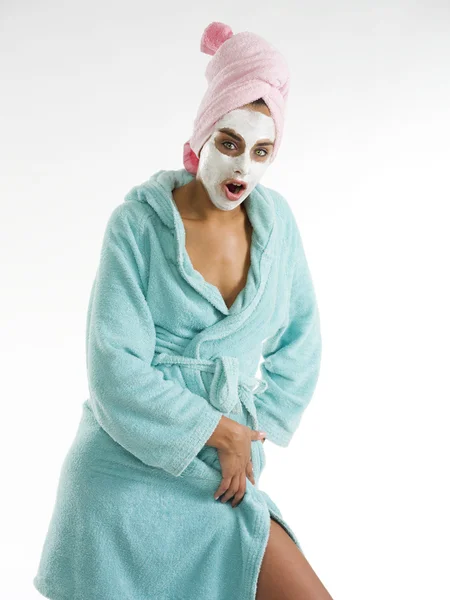 Cute Nice Girl Face Cream Mask Posing Making Face — Stock Photo, Image