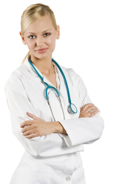 Sorridente Médico Mulher Com Estetoscópio Isolado Sobre Fundo Branco — Fotografia de Stock