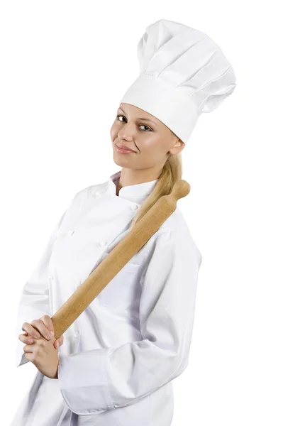 Içinde Beyaz Şefin Sarışın Genç Kadınla Elbise Şapka Oklava Ile — Stockfoto
