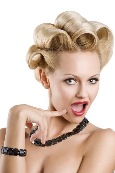 Cute Blond Woman Creative Hair Stylish Wearing Black Necklace Bracelet — 스톡 사진