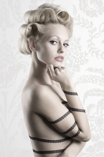 Attractive Blond Girl Fashion Hair Stylish Strip Lace Her Naked — Stock Photo, Image
