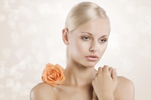 Sweet Portrait Young Cute Girl Orange Rose Her Naked Shoulder — Stock Photo, Image