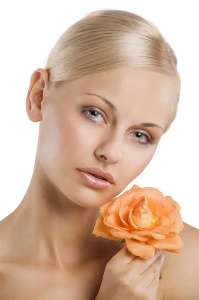 Beauty Portrait Sweet Nice Blond Girl Orange Rose Her Shoulder — 스톡 사진