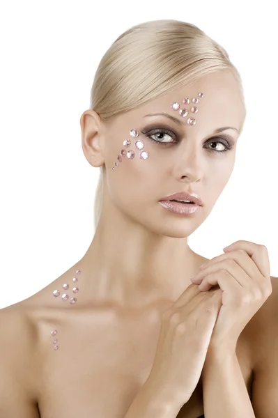 Mladá Blondýnka Krása Portrét Kreativní Make Upu Pink Crystal Stone — Stock fotografie