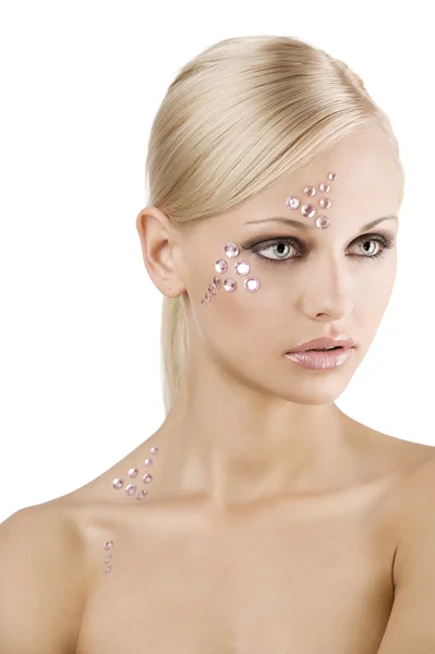 Jovem Loira Retrato Beleza Com Maquiagem Criativa Pedra Cristal Rosa — Fotografia de Stock