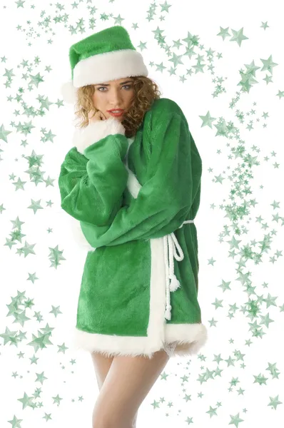 Jolie Femme Avec Vert Santa Claus Robe Prenant Pose Modèle — Photo