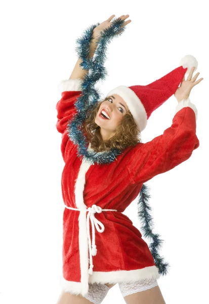 Jovem Bonita Mulher Santa Claus Vestido Pulando Alegria — Fotografia de Stock