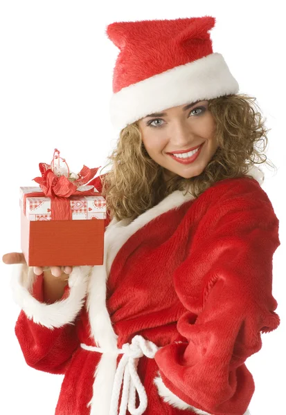 Belle Santa Claus Rouge Donnant Une Boîte Cadeau — Photo