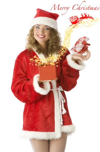 Menina Bonita Abrindo Uma Caixa Com Estrela Papai Noel Voando — Fotografia de Stock
