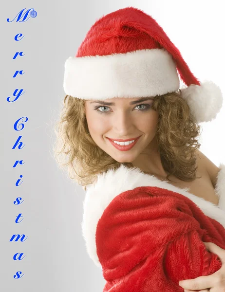 Красива Дівчина Блакитними Очима Сукні Санта Клауса Посміхається — стокове фото