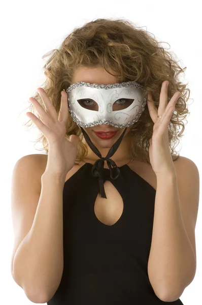 Bom Retrato Menina Atraente Com Máscara Carnaval Branco Olhos Deslumbrantes — Fotografia de Stock