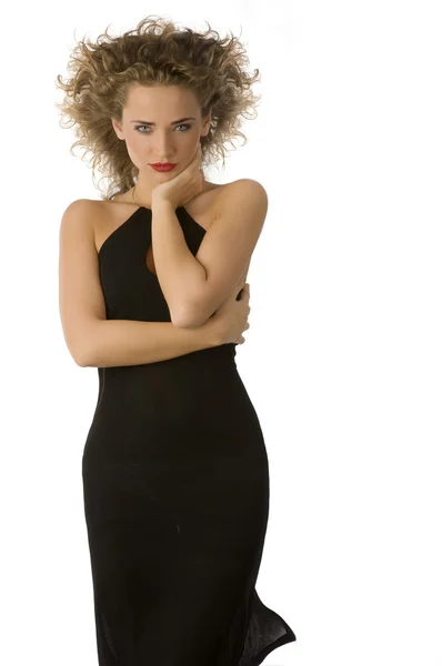 Cute Woman Black Dress Hair Wind Looking Sensual Camera — Stock Photo, Image