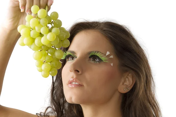 Portrait Young Sensual Brunette Green Grape — Stock Photo, Image