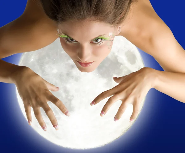 Repül Mint Egy Álom Kipróbálás Hoz Kap Lány Kezét Hold — Stock Fotó