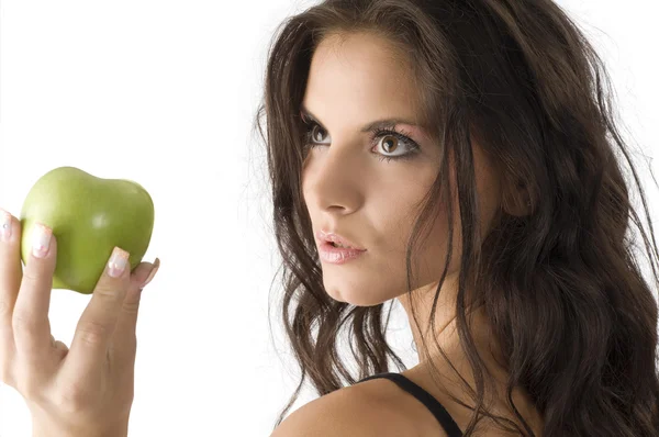 Портрет Чуттєвої Брюнетки Виглядає Зеленим Яблуком — стокове фото