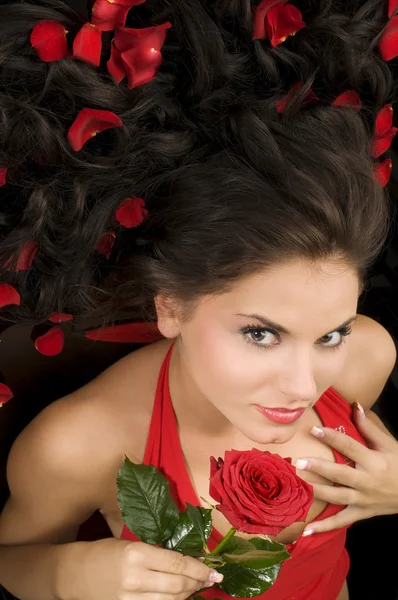 Largo Ângulo Retrato Mulher Bonita Com Vestido Vermelho Rosa Pétalas — Fotografia de Stock