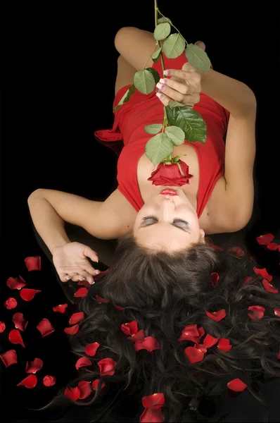 Attractive Woman Red Elegant Dress Petals Hair Kissing Red Rose — Stock Photo, Image