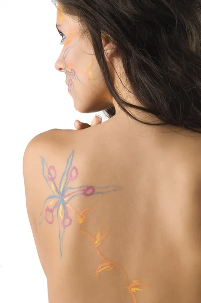 Sensuele Brunette Met Een Tatto Haar Gezicht Haar Naakte Rug — Stockfoto