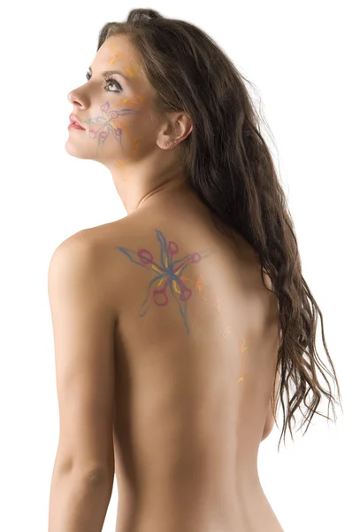 Very Cute Woman Long Hair Flower Drawn Her Nude Body — Stock Photo, Image