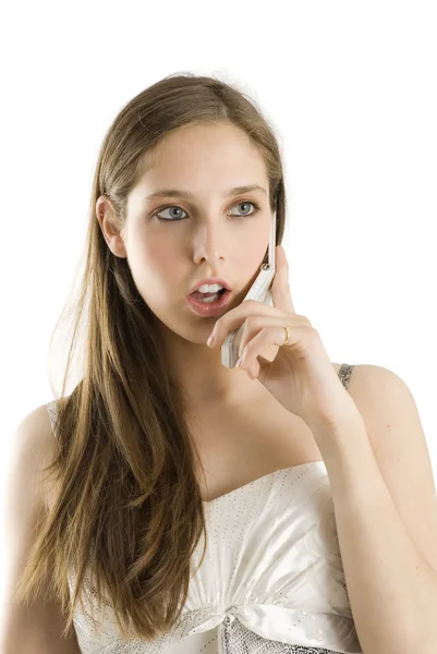 Nice Close Young Brunette Long Hair Talking Mobile — Stock Photo, Image