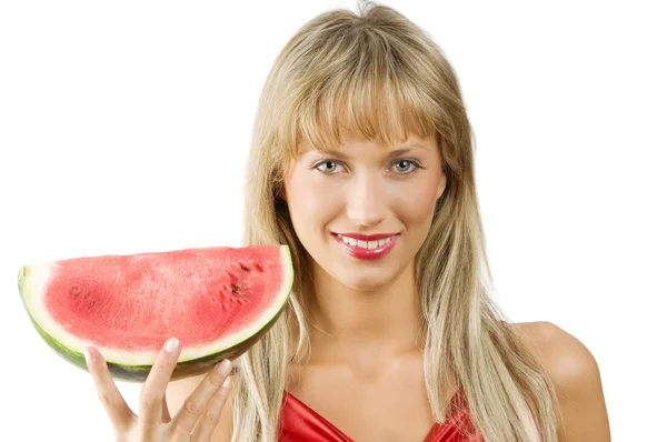 Cute Blond Girl Red Dress Red Lips Eating Water Melon — Stock Photo, Image