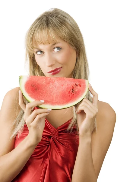 Cute Blond Girl Red Dress Red Lips Piece Water Melon — Stock Photo, Image