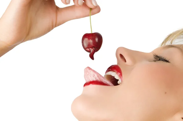 Close Sensual Girl Playing Her Tongue Cherry — Stock Photo, Image