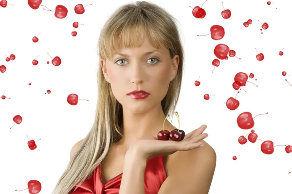 Blond Sensuele Meisje Met Rode Lippen Jurk Kersen Hand Houden — Stockfoto