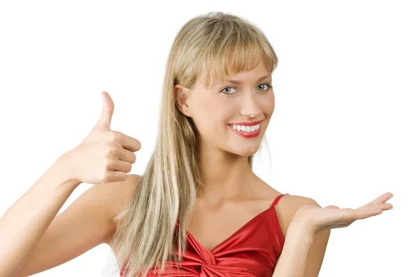 Uśmiechający Się Ładna Dziewczyna Prezentacji Produktu Biały Robi Znak Jak — Zdjęcie stockowe