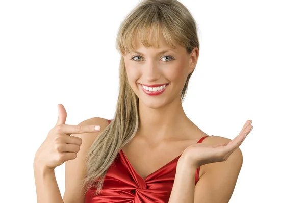Συμπαθητική Και Χαμογελαστή Γυναίκα Παρουσιάζοντας Ένα Εικονικό Προϊόν Λευκό Υπογραφή — Φωτογραφία Αρχείου