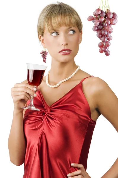 Luxe Stijlvolle Dame Rode Jurk Met Een Glas Rode Wijn — Stockfoto