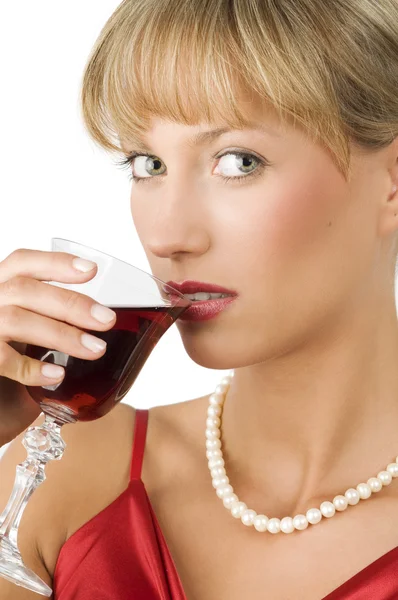 Close Beautiful Girl Necklace Drinking Red Wine Looking Camera — Stock Photo, Image