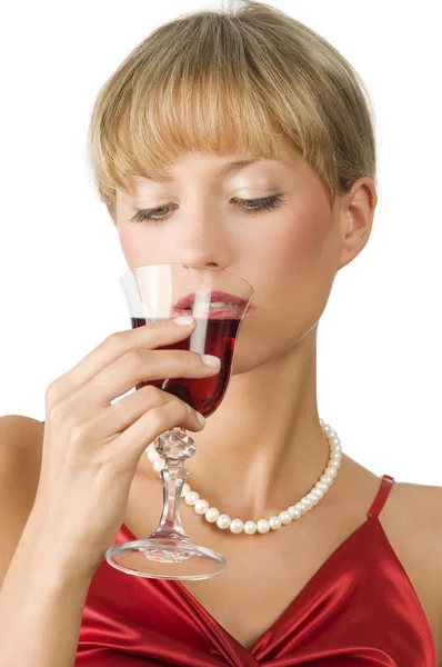 Nice Portrait Cute Girl Pearl Necklace Drinking Glass Wine — Stock Photo, Image