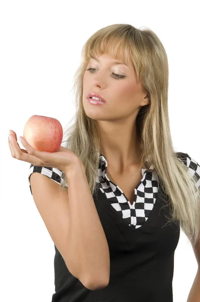 Nice Blond Girl Red Apple Her Hand Black White Checked — Stock Photo, Image