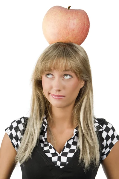 Sevimli Genç Kız Gözlerle Bakarken Başında Büyük Bir Kırmızı Elma — Stok fotoğraf