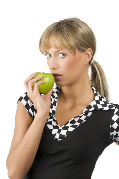 Biting green apple — Stock Photo, Image