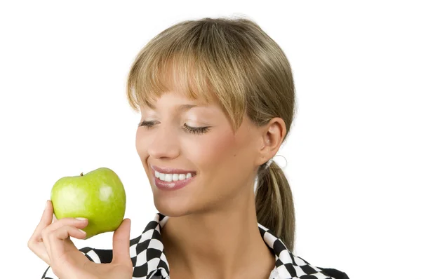 Roztomilá Blondýnka Zelené Jablko Jedné Straně Usmívá — Stock fotografie
