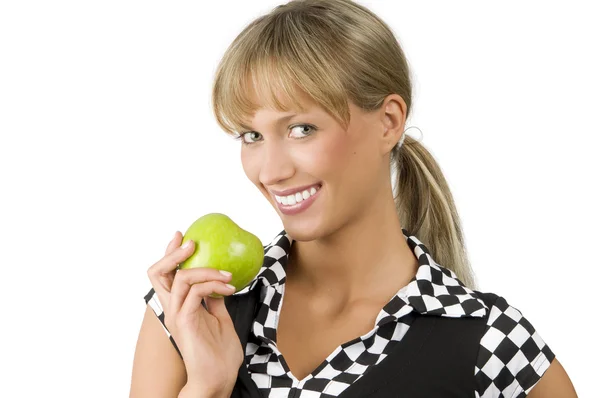 Зеленое яблоко и улыбка — стоковое фото