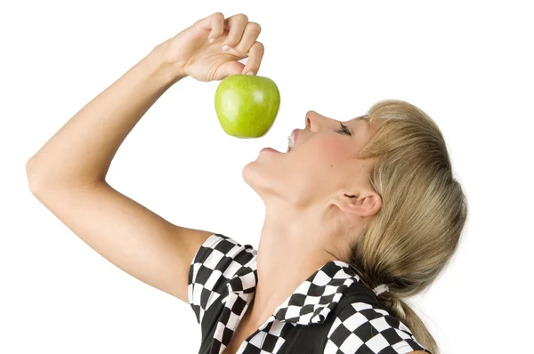 Miła Młoda Dziewczyna Próbuje Ugryźć Jabłko — Zdjęcie stockowe