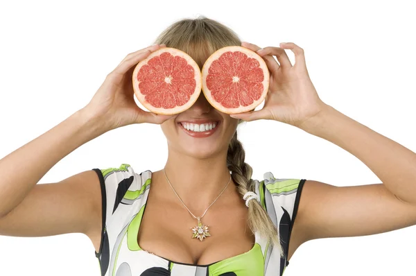 Beautiful Blond Girl Green Dress Using Grapefruit Glasses — Stock Photo, Image