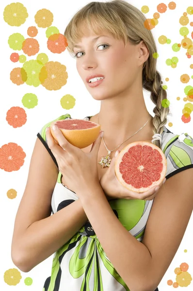 Blond Cute Girl Green Dress Hair Braid Showing Half Grapefruit — Stock Photo, Image