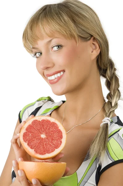 Blond Cute Girl Green Dress Showing Grapefruit — Stock Photo, Image