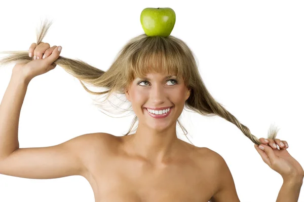 Green apple and pulling hair — Stock Photo, Image