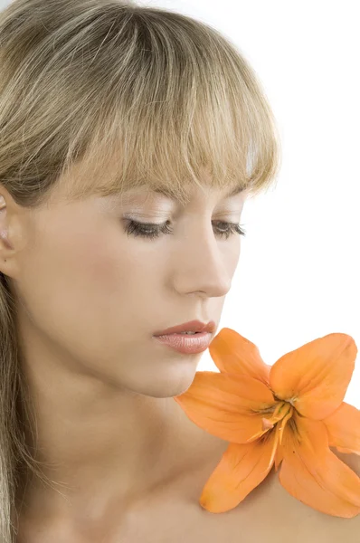 Fresh Beautiful Portrait Blond Woman Orange Lily — Stock Photo, Image